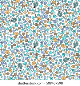 Floral seamless pattern. Elegant flowers, leaves, bugs and stones on a white background, hand-drawn vector.