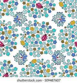 Floral seamless pattern. Elegant flowers, leaves, bugs and stones on a white background, hand-drawn vector.