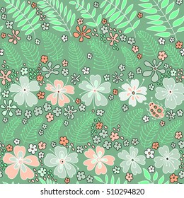 Floral seamless pattern. Elegant flowers, leaves, bugs and stones, graphics drawn by hand, vector texture.