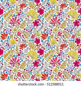 Floral seamless pattern. Elegant flowers, leaves, bugs and stones on a white background, hand-drawn vector.