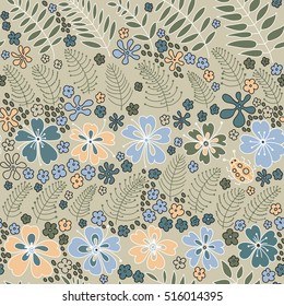 Floral seamless pattern. Elegant flowers, leaves, bugs and stones, graphics drawn by hand, vector texture.