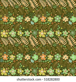 Floral seamless pattern. Elegant flowers, leaves, bugs and stones, graphics drawn by hand, vector texture.