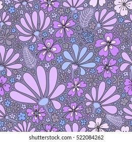 Floral seamless pattern. Elegant flowers, leaves, bugs and stones on a lilac background, hand-drawn vector.