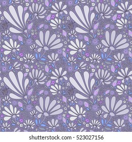Floral seamless pattern. Elegant flowers, leaves, bugs and stones on a lilac background, hand-drawn vector.