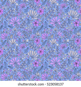 Floral seamless pattern. Elegant flowers, leaves, bugs and stones on a lilac background, hand-drawn vector.