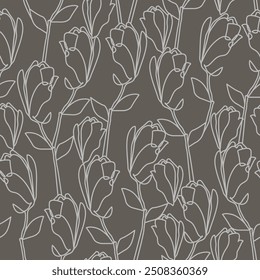 Floral Seamless Pattern with Elegant Line Art Flowers. Hand Drawn Botanical Design Template. Vector Minimalist Background for Textile, Fabric, Invitations, Cards, Postcards, Social Media.