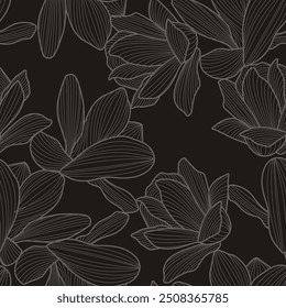 Floral Seamless Pattern. Elegant Line Art Flowers Drawing. Linear Flowers on Dark Background Hand Drawn Botanical Pattern. Vector EPS 10	