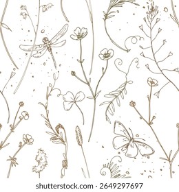 Floral seamless pattern in elegant line art style with butterflies, dragonflies, and wild plants. Hand-drawn delicate nature-inspired illustration on beige, perfect for textile and surface design.