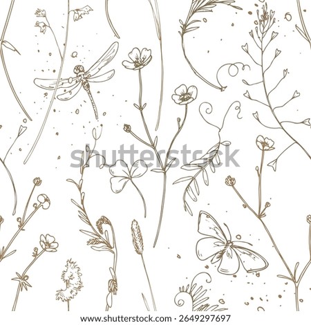 Floral seamless pattern in elegant line art style with butterflies, dragonflies, and wild plants. Hand-drawn delicate nature-inspired illustration on beige, perfect for textile and surface design.