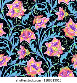 Floral seamless pattern. Elegant ornament with bright fantastic flowers on black background with tiny dots
