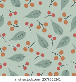 Floral seamless pattern of elm leaves and berries. Allover print foliage surface pattern design of abstract leave and berry fruits on sage green color background. 