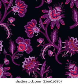 Floral seamless pattern with embroidered Indian elements. Vector