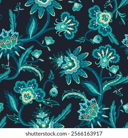 Floral seamless pattern with embroidered Indian elements. Vector