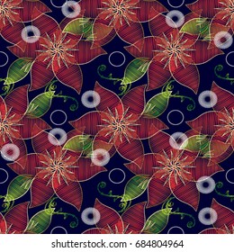 Floral seamless pattern in Embroidery style. Dark blue flourish  background wallpaper  illustration with grunge red flowers, green leaves, white circles and tapestry ornaments. Vector arras texture.