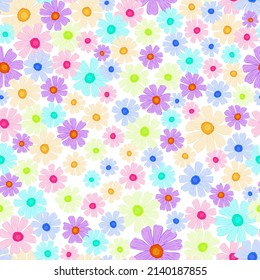Floral seamless pattern. Endless print of small flowers. Repeated hand drawn blossoms design texture for printing, fabric, wrapping paper, fashion, interior, wallpaper, tissue. Vector illustration.