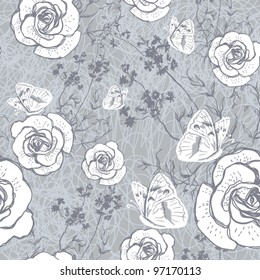Floral seamless pattern, endless texture with flowers. Vector ornament with butterflies and roses in vintage style.  Wallpaper, background.