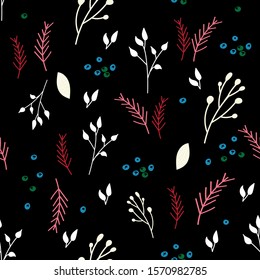 Floral seamless pattern. Endless vector. Printable graphic design. Twigs, leaves and berries of rowan on a dark black background. Autumn and winter illustration. Vector doodle for fabric, wrapping.