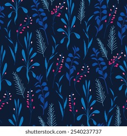 Floral seamless pattern. Endless vector. Printable graphic design. Blue twigs, leaves and rowan berries on dark black background. Autumn and winter