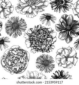 Floral seamless pattern in engraved style. Hand-sketched flower buds on white background. Perfect for textile, fabric, wallpaper, wrapping paper, and banners. Botanical backdrop with floral outlines