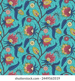 Patrón sin costuras florales con motivos de flores de cola de origen étnico indio. Fondo de repetición boho chic persa. Estampado textil tribal.