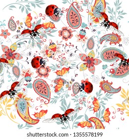 Floral Seamless Pattern With Ethnic Ornament, Lady Bug And Florals