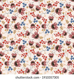 Floral seamless pattern in ethnic painting style. Elegant vector hand drawn texture with small flowers, leaves, buds. Modern folk ornamental background. Repeat design for tileable print, fabric, decor