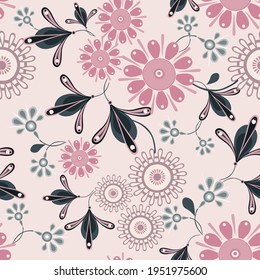 Floral seamless pattern in ethnic painting style. Elegant vector hand drawn texture with flowers, leaves, buds. Modern folk ornamental background. Pink, gray and black color. Repeat decorative design