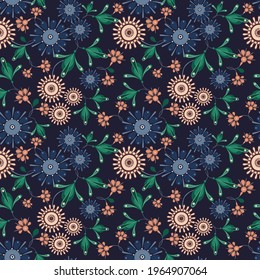 Floral seamless pattern in ethnic painting style. Elegant vector hand drawn texture with small flowers, leaves, buds. Modern folk ornamental background. Retro vintage ornament. Dark repeated design