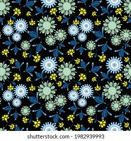 Floral seamless pattern in ethnic painting style. Elegant vector hand drawn texture with small flowers, leaves, buds. Modern folk ornamental background. Blue, green, yellow, black color. Repeat design