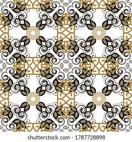 Floral seamless pattern. Ethnic style ornamental greek background. Repeat decorative backdrop. Greek key meanders ornament with hand drawn flowers, leaves, abstract shapes, mandalas, circles, dots.