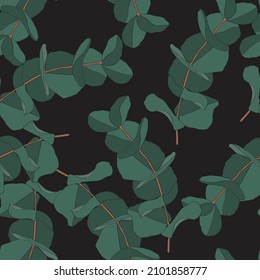 Floral seamless pattern with eucalyptus branches. Delicate  background for fabrics, clothes, linen, printing on stationery, web. Eucalyptus leaves on black background.