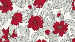 Model Floral Fără Sudură, Frunze De Eucalipt și Flori Anemone Linie De Cerneală Art Desen în Roșu și Gri închis