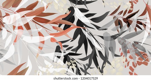 Floral seamless pattern, eucalyptus leaves and fern on light pastel vintage background.Vector