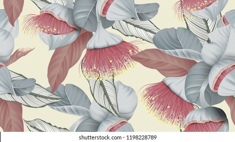 Floral seamless pattern, Eucalyptus rhodantha flowers or rose mallee and Calathea ornata on light yellow, pastel vintage theme