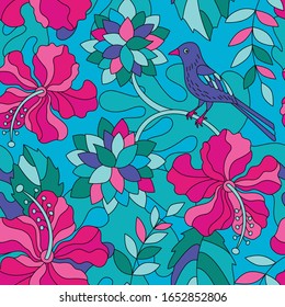 Patrón floral sin fisuras. Flores exóticas y pájaro azul.