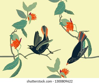 Floral seamless pattern with exotic trees, flowers, tropical plants and birds.   For design textiles, wrapping paper, wallpaper.