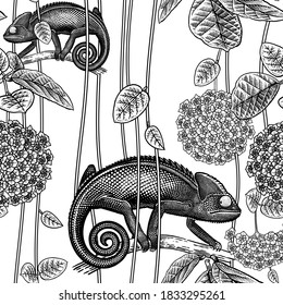 Floral seamless pattern. Exotic Tropical Flowers, Vines, Leaves and Chameleon. Black and white. Vector illustration. Vintage. Template for paper, wallpaper, textiles.