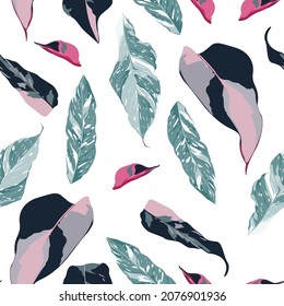 Floral seamless pattern, exotic tropical pink, mint leaves on white background.