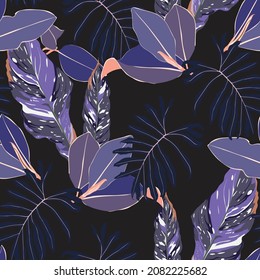Floral seamless pattern, exotic tropical violet leaves, protea flowers on black background.