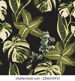 Floral seamless pattern, exotic tropical  leaves and plant on black background.