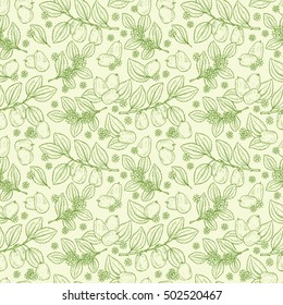 Floral seamless pattern. Exotic tropical fruit Jujube sometimes Ziziphus jujuba or zizyphus, red date, Chinese date, Korean date, Indian date. Leaves, Flowers, Berries. Medicinal plant