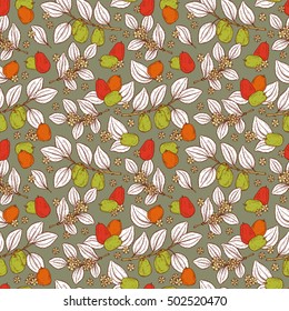 Floral seamless pattern. Exotic tropical fruit Jujube sometimes Ziziphus jujuba or zizyphus, red date, Chinese date, Korean date, Indian date. Leaves, Flowers, Berries. Medicinal plant