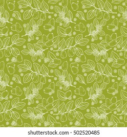 Floral seamless pattern. Exotic tropical fruit Jujube sometimes Ziziphus jujuba or zizyphus, red date, Chinese date, Korean date, Indian date. Leaves, Flowers, Berries. Medicinal plant