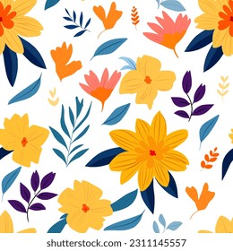 Floral seamless pattern. Fabric design with simple flowers and leaves on a white background, hand-drawn vector.