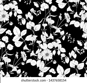 Floral seamless pattern for fabric. Vector drawing of small leaves and flowers.