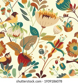 Floral seamless pattern for fabric, wallpaper or print. Floral motifs summer garden and the birds.