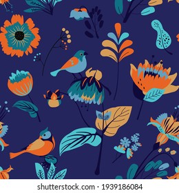 Floral seamless pattern for fabric, wallpaper or print. Floral motifs summer garden and the birds.