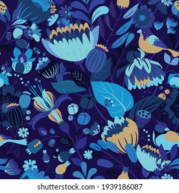 Floral seamless pattern for fabric, wallpaper or print. Floral motifs summer garden and the birds.