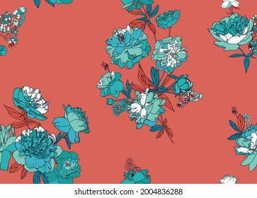 Patrón floral sin fisuras para tela, papel pintado, fondo. Flores grandes y hojas de peonías. 