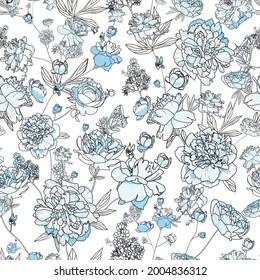 Floral seamless pattern for fabric, wallpaper, background. Large flowers and leaves of peonies. 